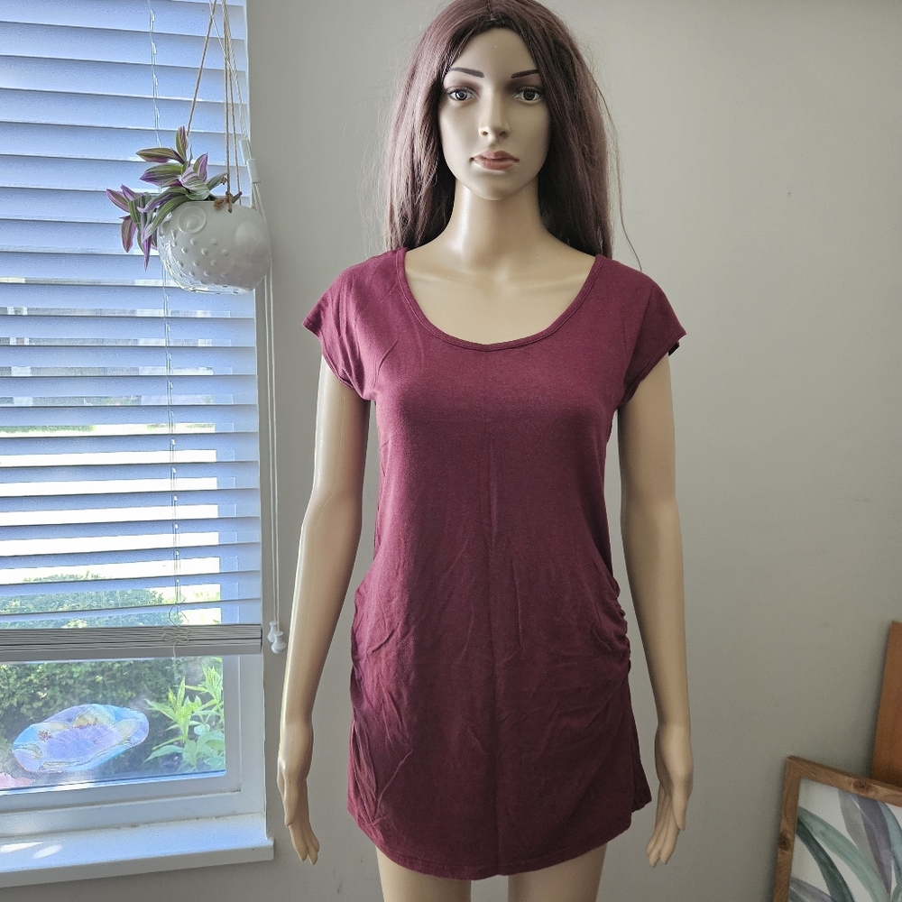 Hazel & Co bamboo blend tunic top Dress long line maroon cap sleeves ruched
